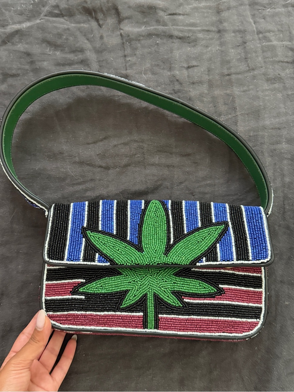STAUD Green Beaded Leaf Stripe Shoulder Bag